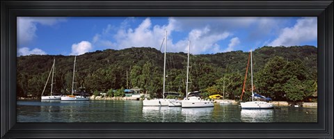 Framed Yachts anchored at the harbor on La Digue Island, Seychelles Print