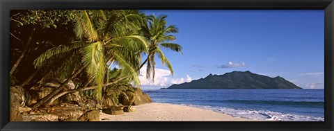 Framed Palm trees grow out over a small beach with Silhouette Island in the background, Seychelles Print
