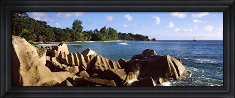 Framed Large granite rocks on the shoreline of La Digue Island, Seychelles Print