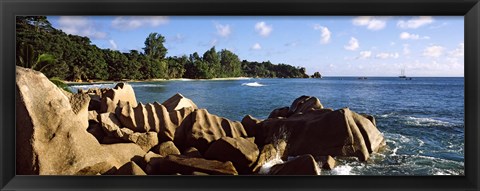 Framed Large granite rocks on the shoreline of La Digue Island, Seychelles Print