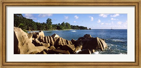 Framed Large granite rocks on the shoreline of La Digue Island, Seychelles Print