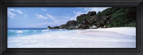 Framed Rock formations on the beach, Grand Anse, La Digue Island, Seychelles Print