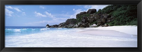 Framed Rock formations on the beach, Grand Anse, La Digue Island, Seychelles Print