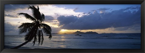 Framed Silhouette of coconut palm tree at sunset, from Anse Severe Beach, La Digue Island, Seychelles Print