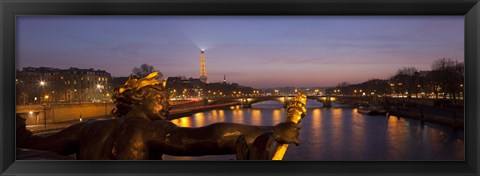 Framed Pont Alexandre III bridge with statue lit up at dusk, Seine River, Paris, Ile-De-France, France Print