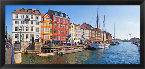 Framed Buildings along a canal with boats, Nyhavn, Copenhagen, Denmark Print