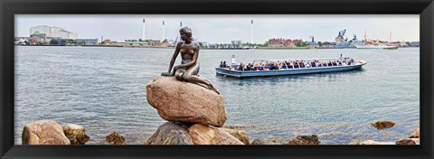 Framed Little Mermaid Statue with tourboat in a canal, Copenhagen, Denmark Print