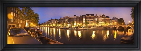 Framed Night view along canal, Amsterdam, Netherlands Print