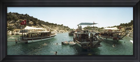 Framed Boats with people swimming in the Mediterranean sea, Kas, Antalya Province, Turkey Print