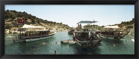 Framed Boats with people swimming in the Mediterranean sea, Kas, Antalya Province, Turkey Print