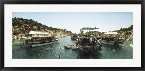 Framed Boats with people swimming in the Mediterranean sea, Kas, Antalya Province, Turkey Print