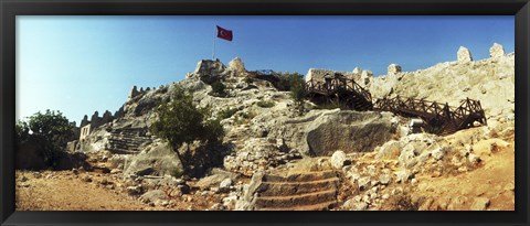 Framed Byzantine castle of Kalekoy with a Turkish national flag, Antalya Province, Turkey Print