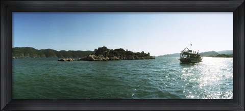 Framed Rocky island and boat in the Mediterranean sea, Sunken City, Kekova, Antalya Province, Turkey Print