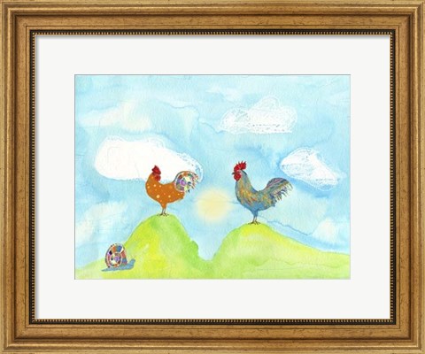 Framed Hilltop Roosters Print