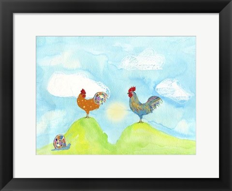 Framed Hilltop Roosters Print