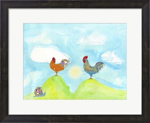 Framed Hilltop Roosters Print