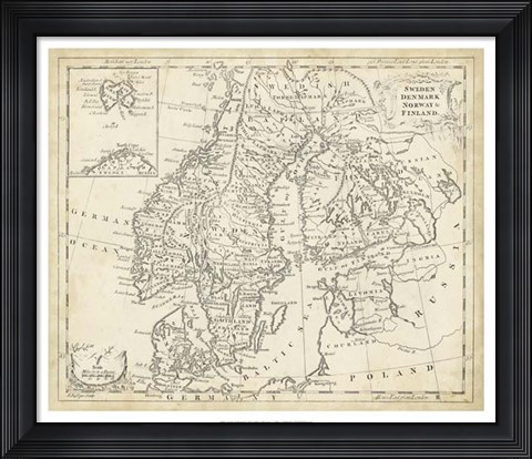 Framed Map of Sweden &amp; Denmark Print