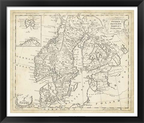 Framed Map of Sweden &amp; Denmark Print