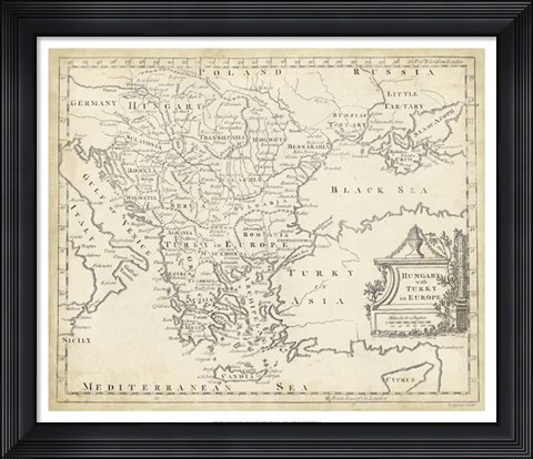 Framed Map of Hungary &amp; Turkey in Europe Print