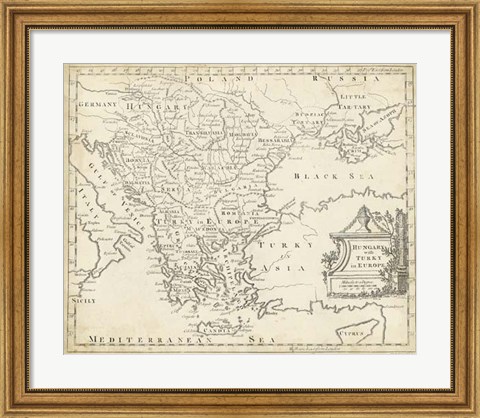 Framed Map of Hungary &amp; Turkey in Europe Print