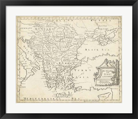 Framed Map of Hungary &amp; Turkey in Europe Print