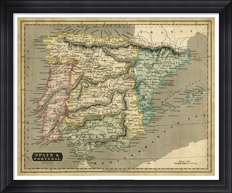 Framed Thomson&#39;s Map of Spain &amp; Portugal Print