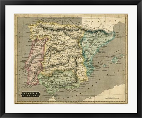 Framed Thomson&#39;s Map of Spain &amp; Portugal Print