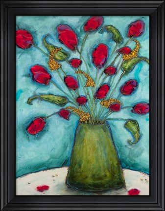 Framed Flowers in Green Vase Print