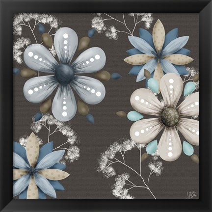 Framed Blue Floral on Sepia I Print