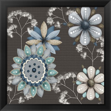 Framed Blue Floral on Sepia II Print