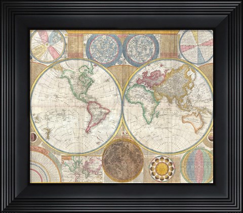 Framed 1794 Samuel Dunn Wall Map of the World in Hemispheres Print