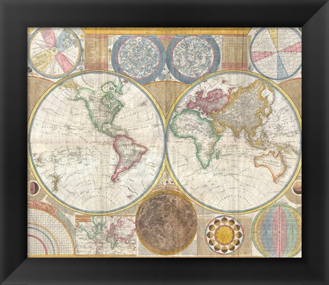 Framed 1794 Samuel Dunn Wall Map of the World in Hemispheres Print