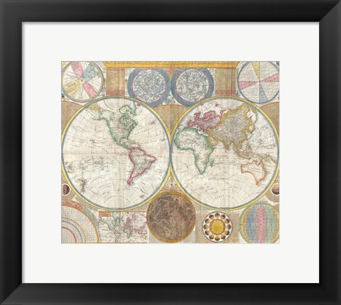 Framed 1794 Samuel Dunn Wall Map of the World in Hemispheres Print