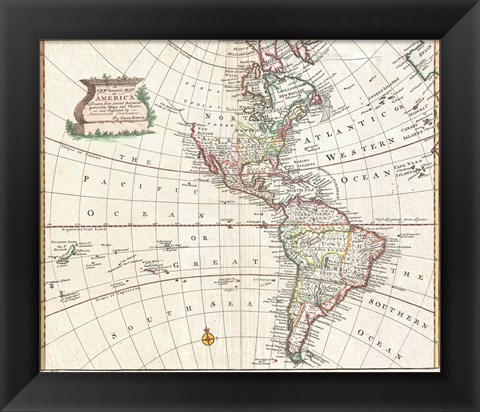 Framed 1747 Bowen Map of North America and South America Print