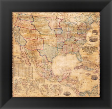 Framed 1856 Mitchell Wall Map of the United States and North America Print