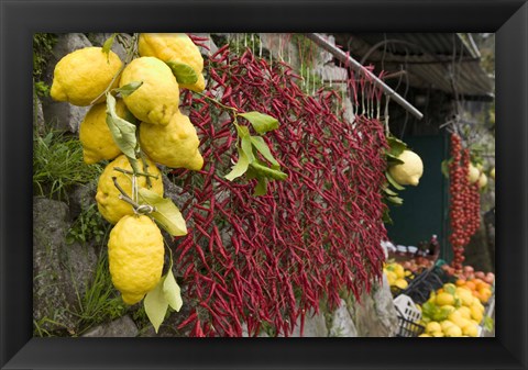 Framed Close-up of lemons and chili peppers in a market stall, Sorrento, Naples, Campania, Italy Print
