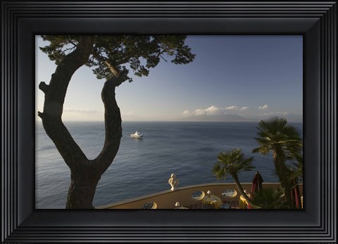 Framed Empty dining tables in the balcony of a hotel, Imperial Tramontano Hotel, Sorrento, Campania, Italy Print