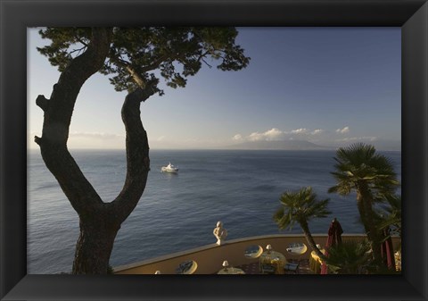 Framed Empty dining tables in the balcony of a hotel, Imperial Tramontano Hotel, Sorrento, Campania, Italy Print