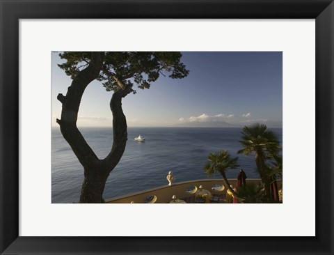 Framed Empty dining tables in the balcony of a hotel, Imperial Tramontano Hotel, Sorrento, Campania, Italy Print