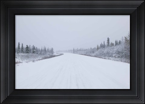 Framed Highway passing through a snow covered landscape, George Parks Highway, Denali National Park, Alaska, USA Print