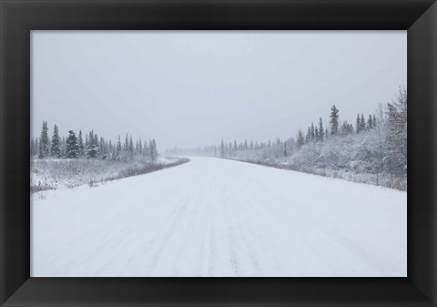 Framed Highway passing through a snow covered landscape, George Parks Highway, Denali National Park, Alaska, USA Print