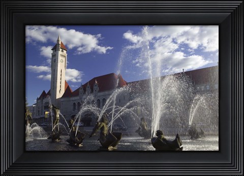 Framed Fountains in front of a railroad station, Milles Fountain, Union Station, St. Louis, Missouri, USA Print