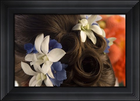 Framed Close-up of flowers in a bride's hair, Bainbridge Island, Washington State, USA Print