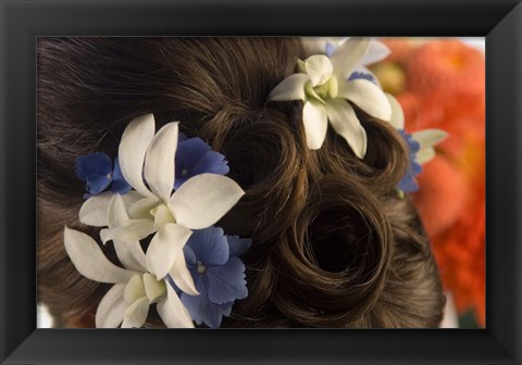 Framed Close-up of flowers in a bride&#39;s hair, Bainbridge Island, Washington State, USA Print