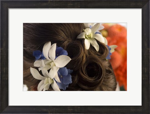 Framed Close-up of flowers in a bride&#39;s hair, Bainbridge Island, Washington State, USA Print