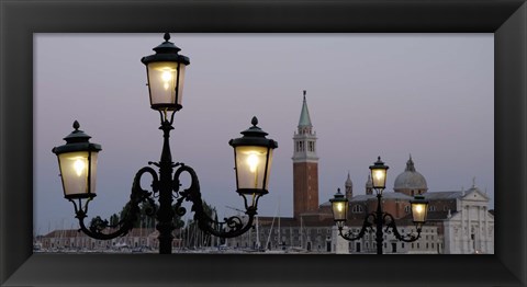 Framed Lampposts lit up at dusk with building in the background, San Giorgio Maggiore, Venice, Italy Print