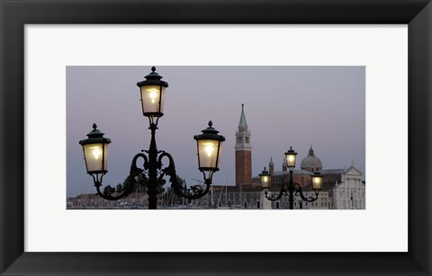 Framed Lampposts lit up at dusk with building in the background, San Giorgio Maggiore, Venice, Italy Print