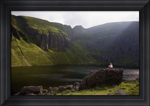 Framed Young Woman Meditating, Coumshingaun Lough, Coeragh Mountains, County Waterford, Ireland Print