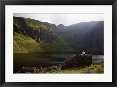 Framed Young Woman Meditating, Coumshingaun Lough, Coeragh Mountains, County Waterford, Ireland Print