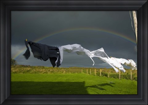 Framed Rainbow, Stormy Sky and Clothes Line, Bunmahon, County Waterford, Ireland Print